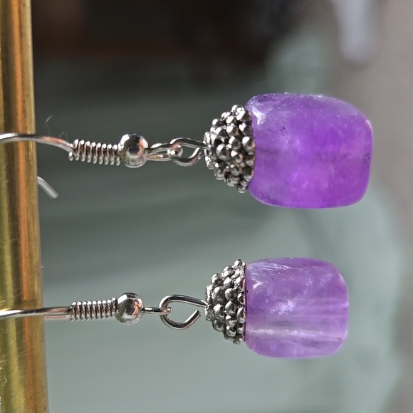 Vintange Handmade Silver Tone Purple Amethyst Dangle Earrings - Picture 8 of 16